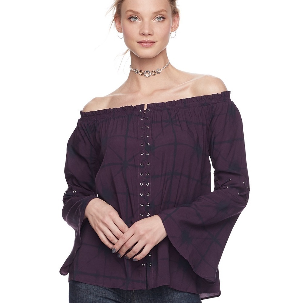 Rock & Republic women’s purple lace up off the shoulder top size medium